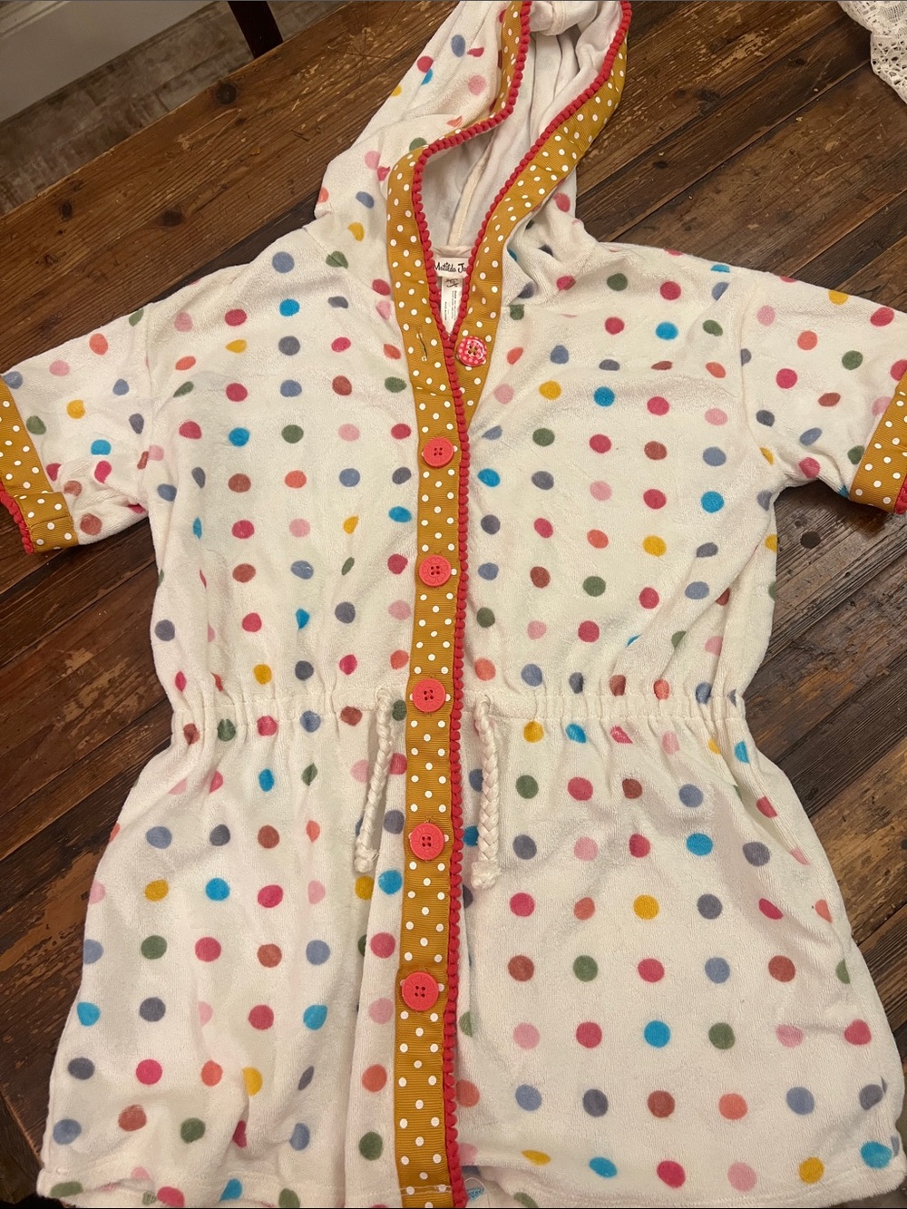Matilda Jane Mustard Polka Dot Trim Hooded swim suit cover up size 10